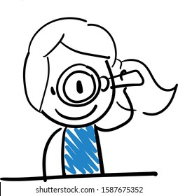 Office worker manager looking in magnifying glass. See all clear and deeply.
Girl hand drawn doodle line art cartoon design character - isolated vector illustration outline of woman.