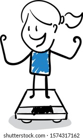 Office worker manager losing weight standing on weight.
Girl hand drawn doodle line art cartoon design character - isolated vector illustration outline of woman.