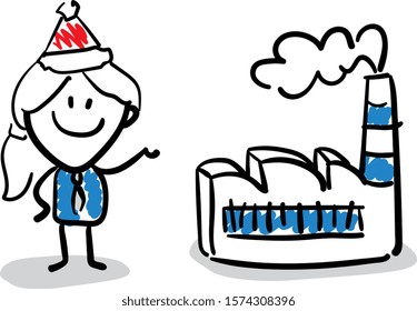 Office worker manager in new year hat standing near factory.
Girl hand drawn doodle line art cartoon design character - isolated vector illustration outline of woman.
