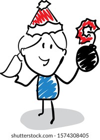 Office worker manager in new year hat standing with the bomb.
Girl hand drawn doodle line art cartoon design character - isolated vector illustration outline of woman.
