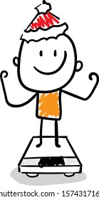 Office worker manager in new year hat losing weight standing on weight.
Boy hand drawn doodle line art cartoon design character - isolated vector illustration outline of woman.