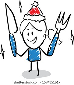 Office worker manager in new year hat prepare to eat with knife and fork.
Girl hand drawn doodle line art cartoon design character - isolated vector illustration outline of woman.