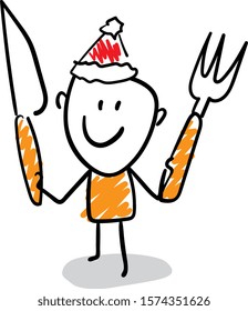 Office worker manager in new year hat prepare to eat with knife and fork.
Boy hand drawn doodle line art cartoon design character - isolated vector illustration outline of man.