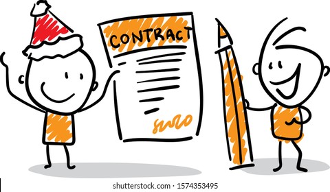 Office worker manager in new year hat happy with successful business contract,
Girl hand drawn doodle line art cartoon design character - isolated vector illustration outline of man.