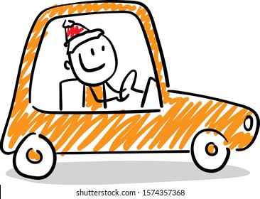 Office worker manager in new year hat driving car.
Boy hand drawn doodle line art cartoon design character - isolated vector illustration outline of man.