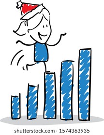 Office worker manager in new year hat happy running on diagram. 
Girl hand drawn doodle line art cartoon design character - isolated vector illustration outline of woman.