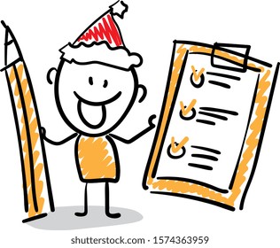 Office worker manager in new year hat happy with a pencil and checklist.
Boy hand drawn doodle line art cartoon design character - isolated vector illustration outline of man.