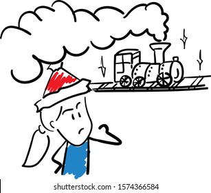 Office worker manager in new year hat near train thinking.
Girl hand drawn doodle line art cartoon design character - isolated vector illustration outline of woman.