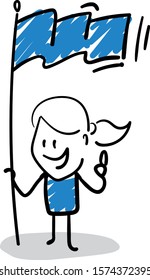 Office worker manager in new year hat happy with a flag on wind.
Girl hand drawn doodle line art cartoon design character - isolated vector illustration outline of woman.