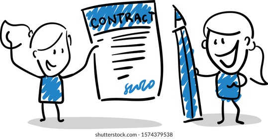 Office worker manager in new year hat happy with successful business contract,
Girl and boy  hand drawn doodle line art cartoon design character - isolated vector illustration outline of woman.