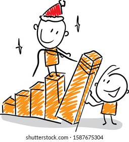 Office worker manager in new year hat - boy standing in diagram. Group of business people. Boy hand drawn doodle line art cartoon design character - isolated vector illustration outline of man.