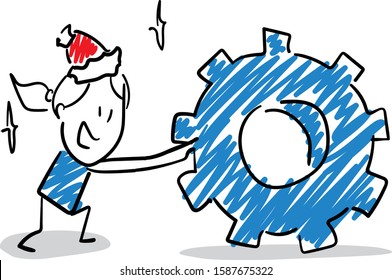 Office worker manager in a new year hat with gear - collect piece to piece. Girl hand drawn doodle line art cartoon design character - isolated vector illustration outline of woman.