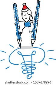Office worker manager in new year hat creating idea - drawing lamp. Successful concept. Girl hand drawn doodle line art cartoon design character - isolated vector illustration outline of woman.
