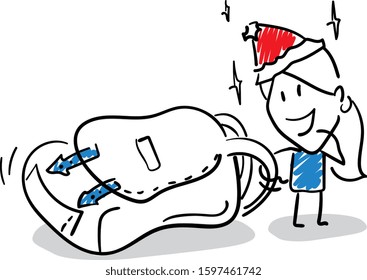 Office worker manager in new year hat happy  with backpack - sad.
Girl hand drawn doodle line art cartoon design character - isolated vector illustration outline of woman.