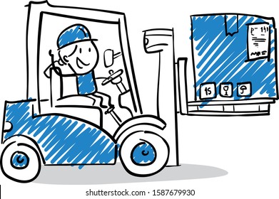 Office worker manager on delivery car - logistic - delivering boxes  presents. Girl hand drawn doodle line art cartoon design character - isolated vector illustration outline of woman.