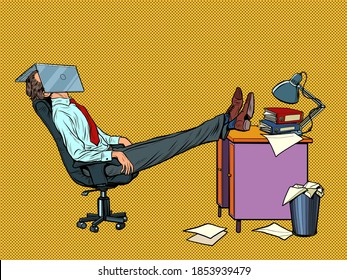 Administrador de trabajadores de Office descansando en una silla de trabajo. Fatiga. Ilustración de arte pop retro estilo kitsch vintage años 50 años 60
