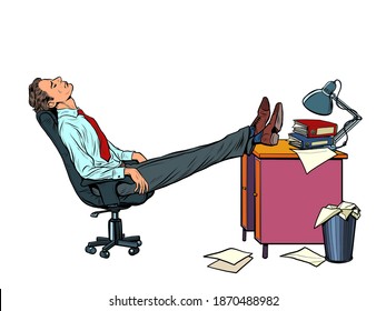 Office worker Manager resting in a work chair. Fatigue. Pop art retro illustration kitsch vintage 50s 60s style