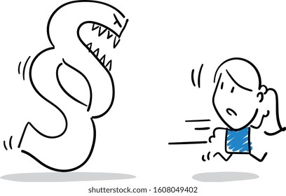 Office worker manager running from Euro sign money - afraid. High rates.
Girl hand drawn doodle line art cartoon design character - isolated vector illustration outline of woman.