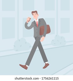 Trabajador de oficina, el gerente se sienta a caminar y a beber café. Ilustración vectorial plana, afiche, pancarta, tarjeta
