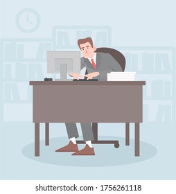 
Office worker, manager sits and works hard with a computer. Flat vector illustration, poster, banner, card