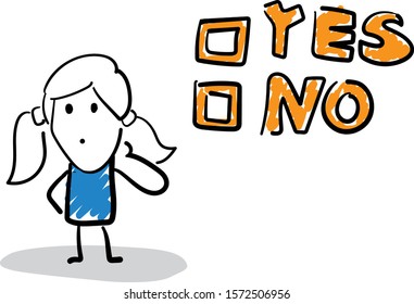 Office worker manager standing near marks Yes and No.
Girl hand drawn doodle line art cartoon design character - isolated vector illustration outline of woman.