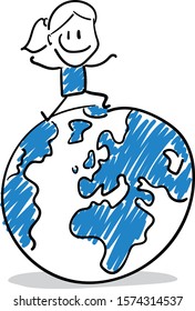 Office worker manager standing on the top of the world.
Girl hand drawn doodle line art cartoon design character - isolated vector illustration outline of woman.