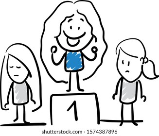 Office worker manager win a competition, number one.
Girl hand drawn doodle line art cartoon design character - isolated vector illustration outline of woman.