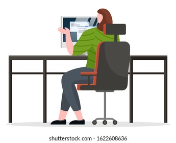 Office worker or manager work on computer alone. Working process of person at office room. Lady sit on chair by table and type on keyboard of device. Vector illustration of workspace in flat style