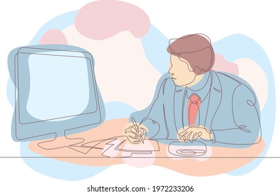 Office worker manager works at a computer with business papers. One continuous line logo single hand drawn isolated minimal illustration.Colored abstract background.