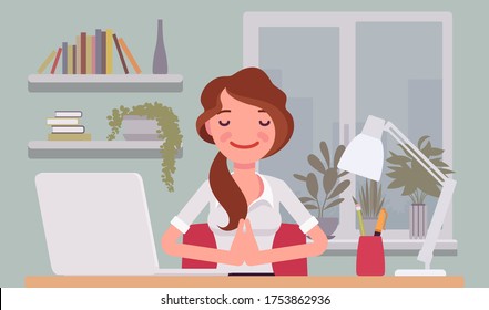 Office worker meditating to concentrate, yogi woman practicing yoga at workplace, doing Namaste hand gesture, Mudra pose, relaxation before, after hard work day. Vector flat style cartoon illustration