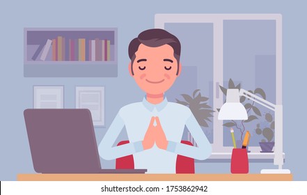 Trabajador de oficina meditando para concentrarse, hombre yogui practicando yoga en el lugar de trabajo, haciendo gesto de mano de Namaste, pose Mudra, relajación antes o después del duro día de trabajo. Ilustración de dibujos animados de estilo plano