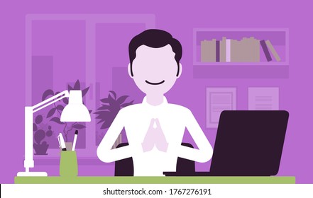 Office worker meditating to concentrate, yogi man practicing yoga at workplace, doing Namaste hand gesture, Mudra pose, relaxation before or after hard work day. Vector creative stylized illustration