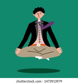 An office worker is meditating and floating in the air. Levitating. Editable vector illustration