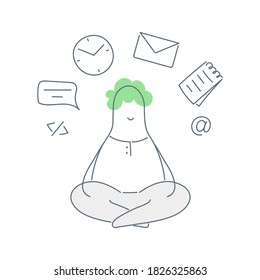 Office worker meditating, objects fly around the character. Mind concentration, yoga, emotional relaxation, recreation, meditation. Flat line clean vector