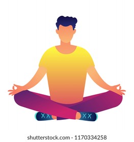 Office worker meditating in the padmasana lotus pose. Businessman meditating, relaxation in work place and doing yoga exercises, mental balance and harmony concept. Isolated on white background.