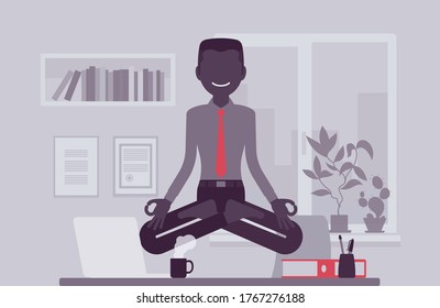 Office worker meditating for relaxation, yogi man practicing yoga at workplace, doing Padmasana pose, Lotus exercise, restorative yogic practice and levitation. Vector creative stylized illustration