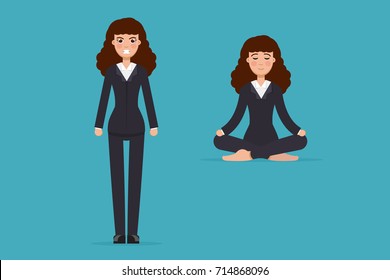 Office worker  meditating, sitting in lotus pose. Calm and Angry.  Business Woman meditation  concept. Vector illustration.