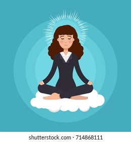 Office worker  meditating, sitting in lotus pose.  Business Woman meditation concept. Vector illustration.