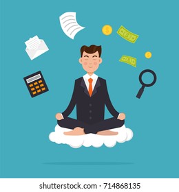 Office worker  meditating, sitting in lotus pose.  Businessman meditation and  multitasking concept. Vector illustration.
