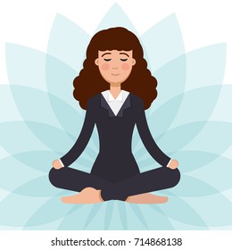 Office worker  meditating, sitting in lotus pose.  Business Woman meditation concept. Vector illustration.