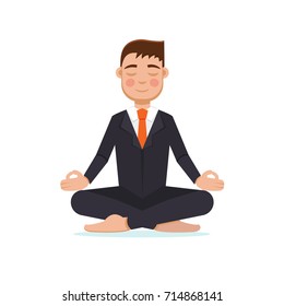 Office worker  meditating, sitting in lotus pose.  Businessman meditation concept. Vector illustration.
