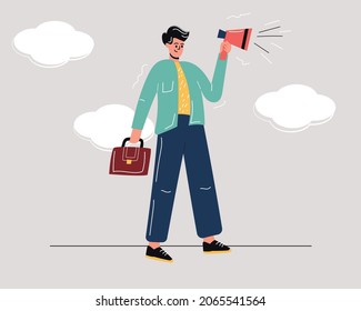 An office worker with a megaphone in his hand. Office employee, boss