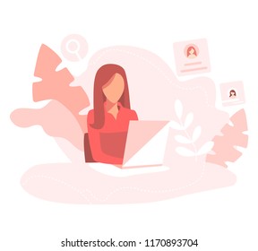 Office worker. Minimal flat design. Vector. Office workplace with table. woman sitting at the table and working on the computer in the office