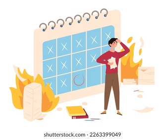 Office worker missing deadline. Man with papers stands against background of calendar. Time management and planning, goal setting. Pressure, panic and stress. Cartoon flat vector illustration