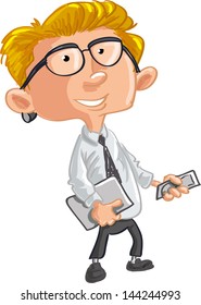 Office worker with mobile phone and laptop. Isolated on white