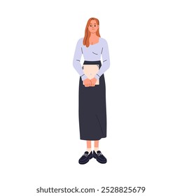 Oficinista en traje de moda moderno. Estudiante de pie. Mujer de negocios en atuendo elegante, falda larga. Profesional, empleada. Ilustración vectorial plana aislada sobre fondo blanco