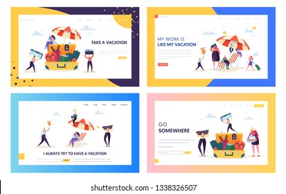 Office Worker Moving to Beach Concept Landing Page. Happy Business Character Pack for Vacation Set. People with Glasses Camera Plane Ticket Website or Web Page. Flat Cartoon Vector Illustration