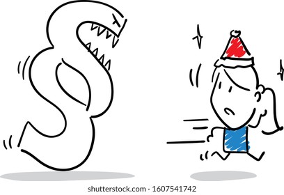 Office worker in a new year hat manager running from Euro sign money - afraid. High rates.
Girl hand drawn doodle line art cartoon design character - isolated vector illustration outline of woman.