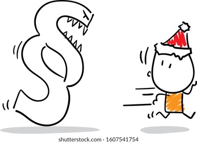 Office worker in a new year hat manager running from Euro sign money - afraid. High rates.
Boy hand drawn doodle line art cartoon design character - isolated vector illustration outline of man.
