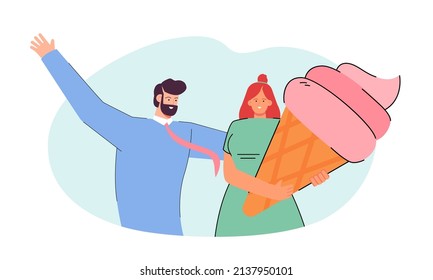 Office worker next to woman holding huge ice cream. Man and girl advertising sweet summer snack flat vector illustration. Food or desserts, marketing concept for banner, website design or landing page